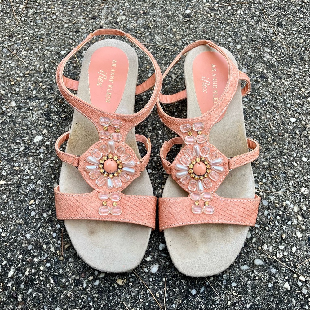 Anne Klein Peachy Pink Sandals with Floral Embellishment